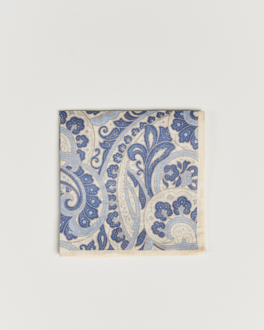 Men | Amanda Christensen Linen Printed Large Paisley Pocket Square Cream | Amanda Christensen | Linen Printed Large Paisley Pocket Square Cream