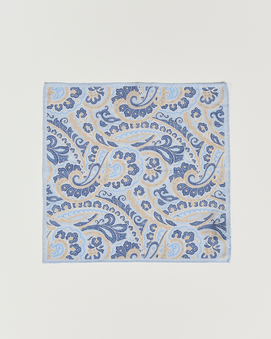 Men | Amanda Christensen Linen Printed Large Paisley Pocket Square Blue | Amanda Christensen | Linen Printed Large Paisley Pocket Square Blue