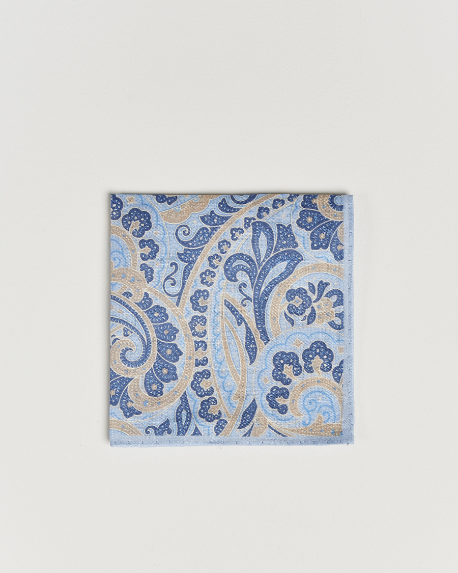 Men | Amanda Christensen Linen Printed Large Paisley Pocket Square Blue | Amanda Christensen | Linen Printed Large Paisley Pocket Square Blue