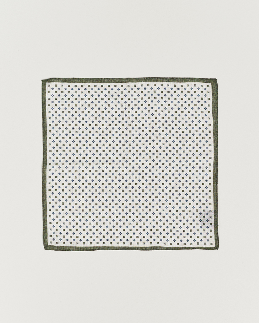 Men | Amanda Christensen Linen Paspoal Printed Flower Pocket Square White/Green | Amanda Christensen | Linen Paspoal Printed Flower Pocket Square White/Green