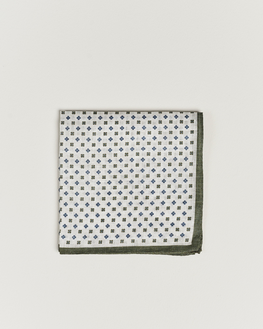 Men | Amanda Christensen Linen Paspoal Printed Flower Pocket Square White/Green | Amanda Christensen | Linen Paspoal Printed Flower Pocket Square White/Green