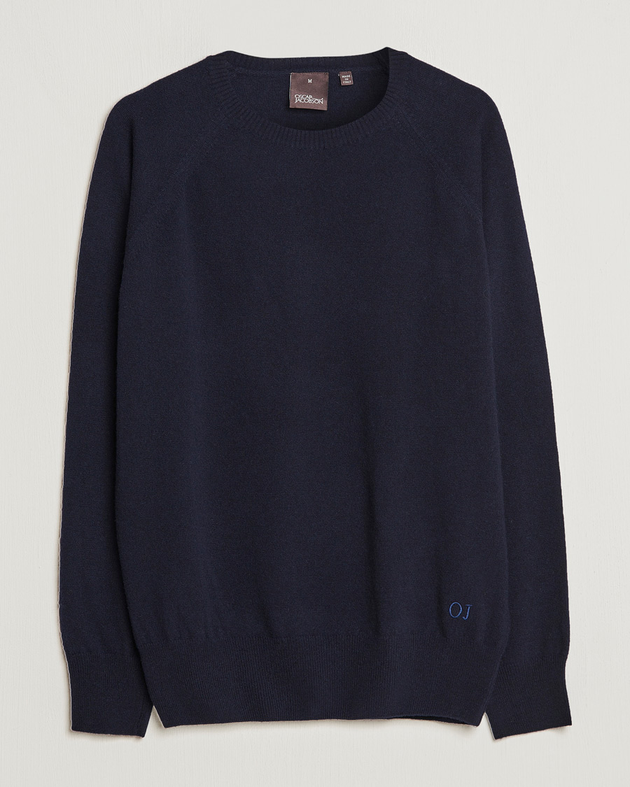 Men | Sweaters & Knitwear | Oscar Jacobson | Gustaf Lambswool Raglan Crew Neck Navy