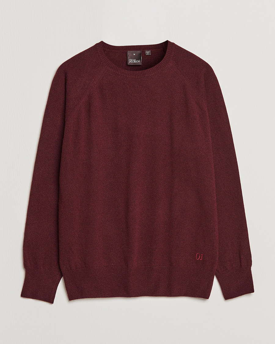 Men | Sweaters & Knitwear | Oscar Jacobson | Gustaf Lambswool Raglan Crew Neck Burgundy