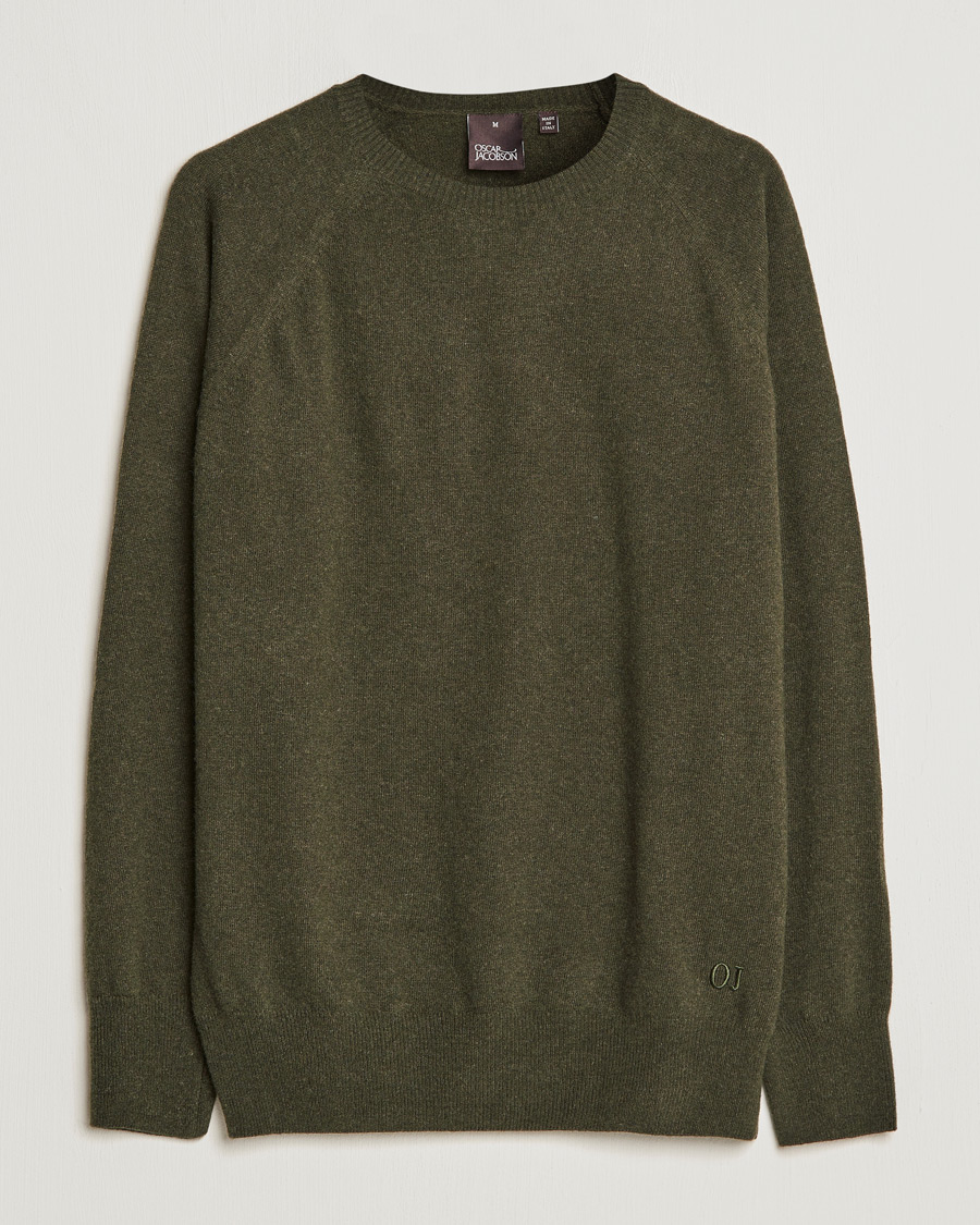 Men | Sweaters & Knitwear | Oscar Jacobson | Gustaf Lambswool Raglan Crew Neck Moss Green