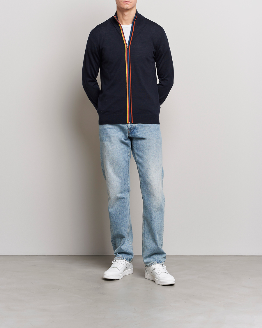 Men | Sweaters & Knitwear | Paul Smith | Full Zip Stripe Wool Cardigan Navy