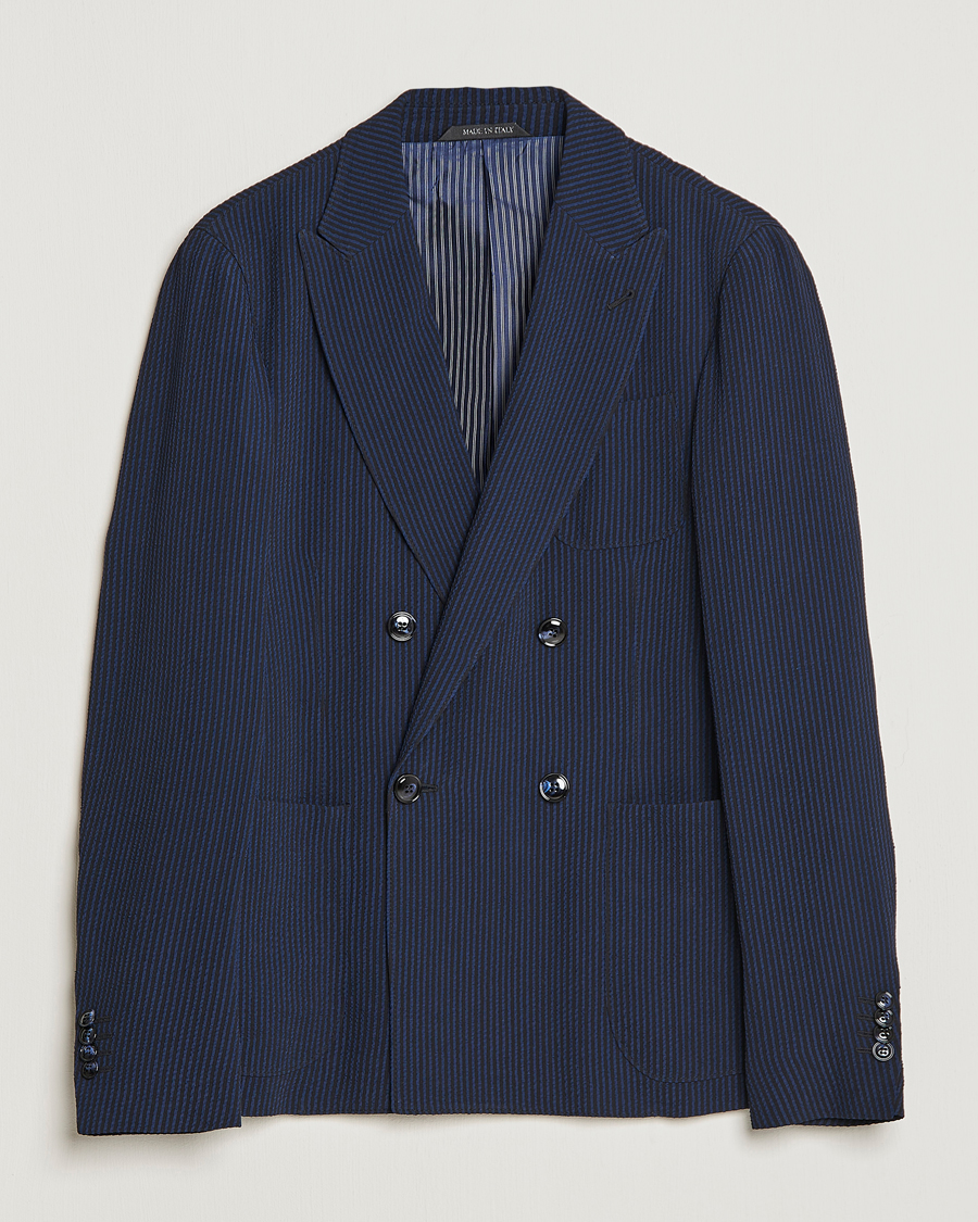 Men | Blazers | Giorgio Armani | Double Breasted Seersucker Blazer Navy