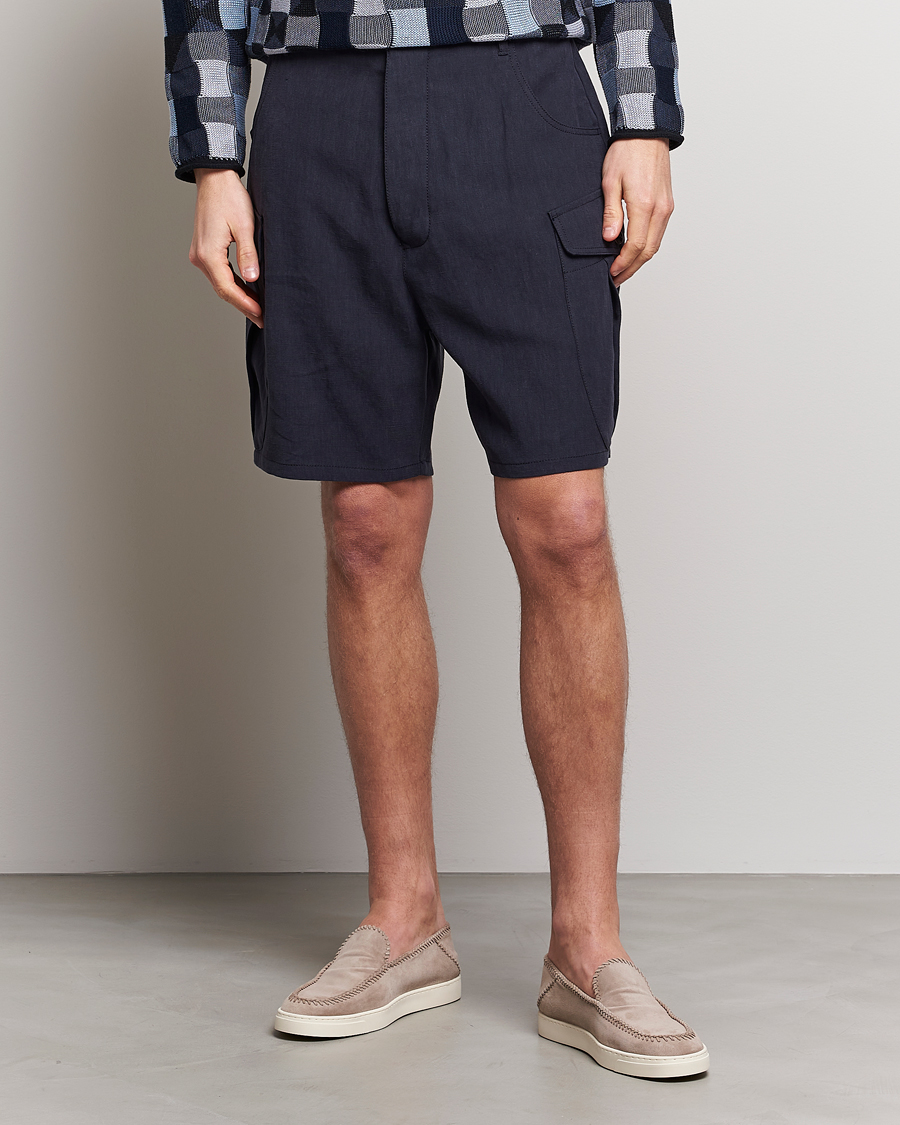 Men | Shorts | Giorgio Armani | Linen Cargo Shorts Navy