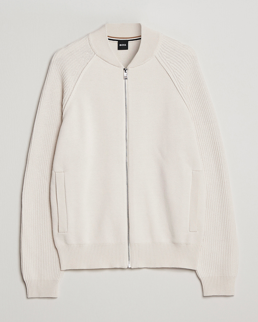 Men | Sweaters & Knitwear | BOSS BLACK | Grissino Structured Knitted Full-Zip Open White