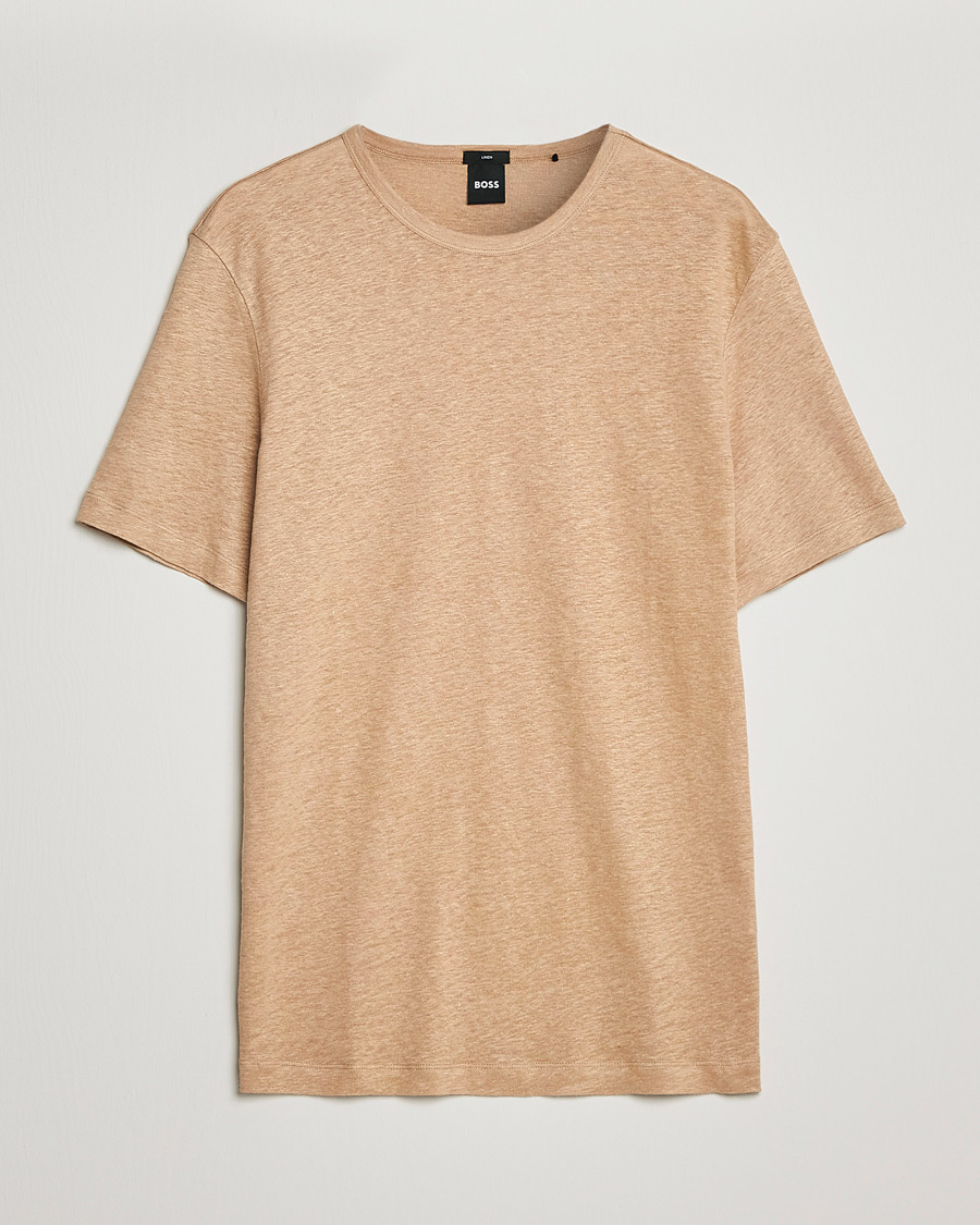 Men | T-Shirts | BOSS BLACK | Tiburt Linen Crew Neck T-Shirt Medium Beige