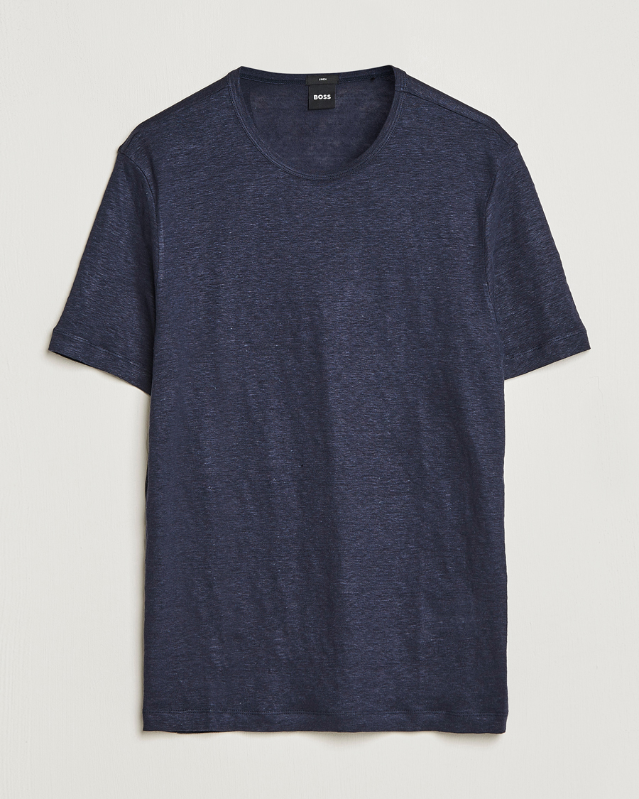 Men | T-Shirts | BOSS BLACK | Tiburt Linen Crew Neck T-Shirt Dark Blue