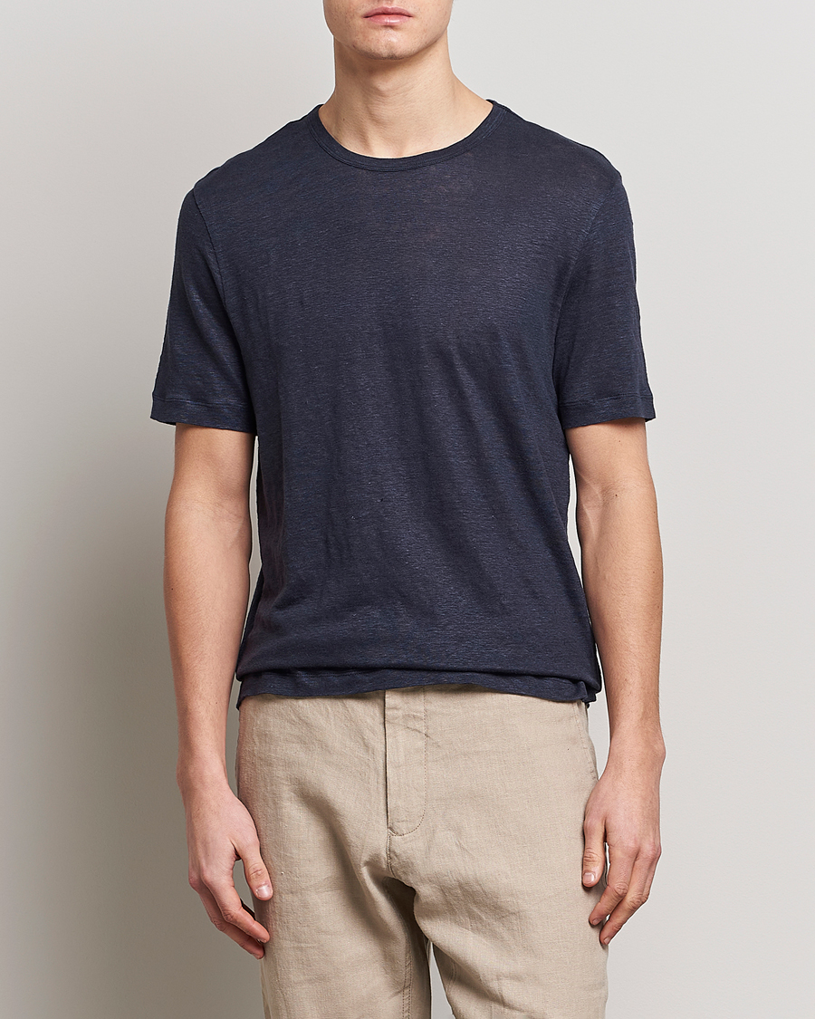 Men | T-Shirts | BOSS BLACK | Tiburt Linen Crew Neck T-Shirt Dark Blue