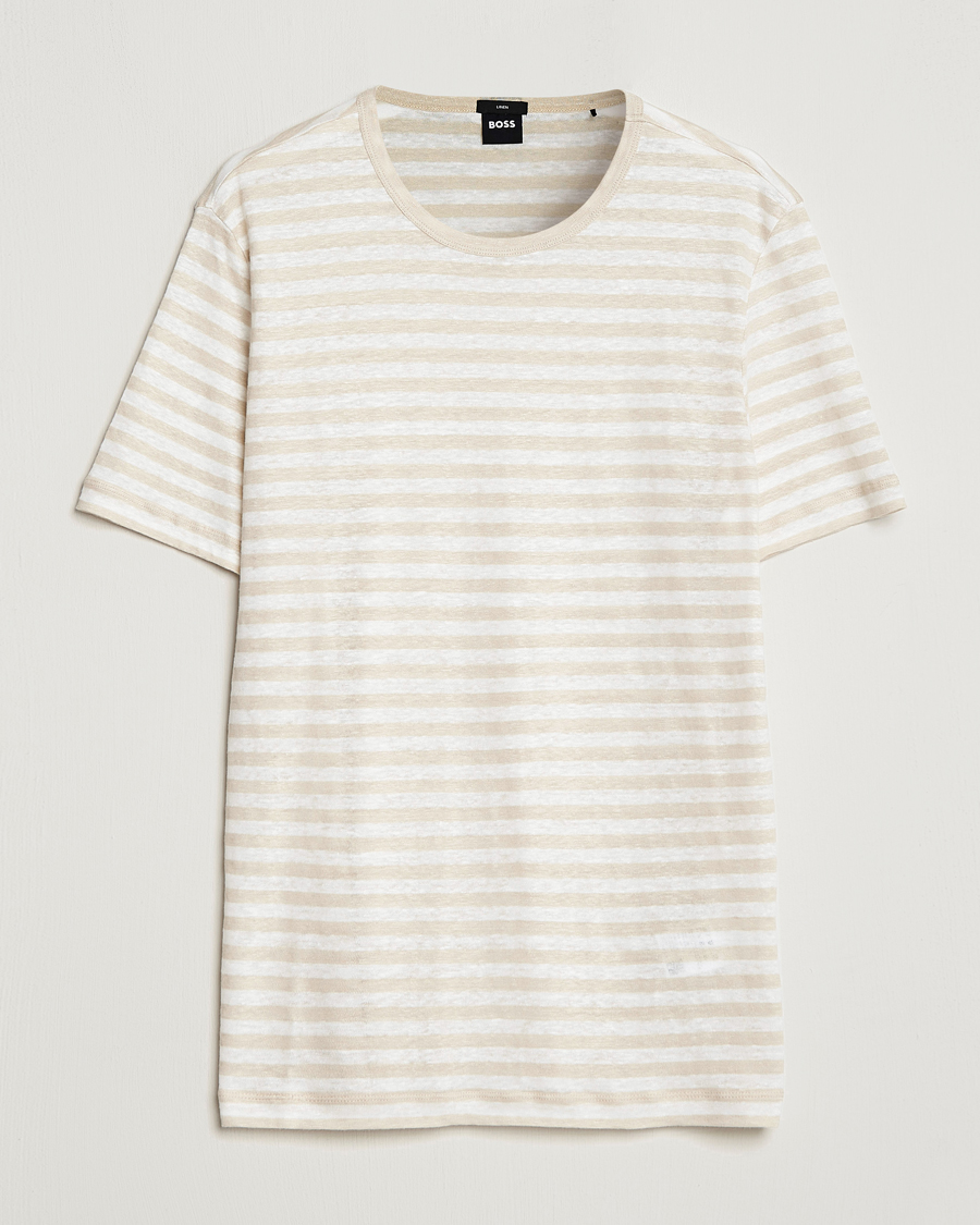 Men | T-Shirts | BOSS BLACK | Tiburt Striped Linen Crew Neck T-Shirt Open White