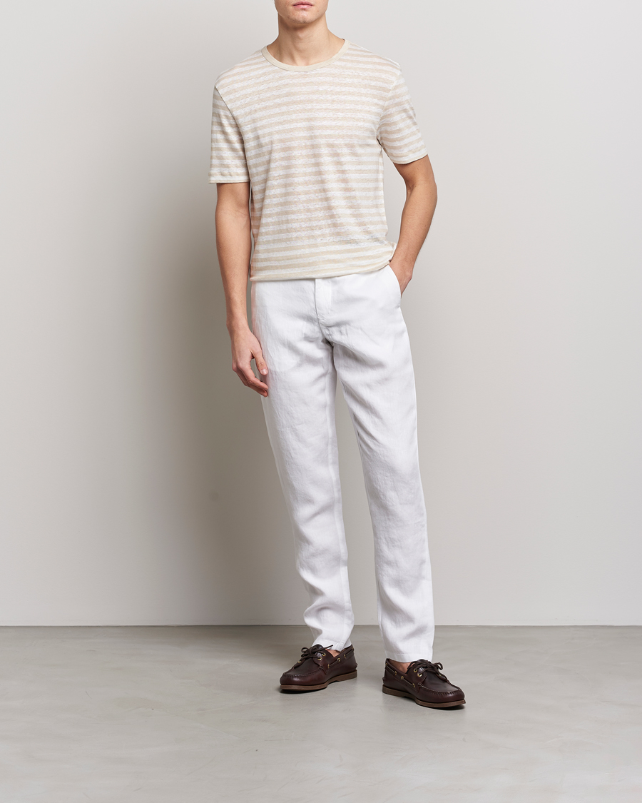 Men | T-Shirts | BOSS BLACK | Tiburt Striped Linen Crew Neck T-Shirt Open White