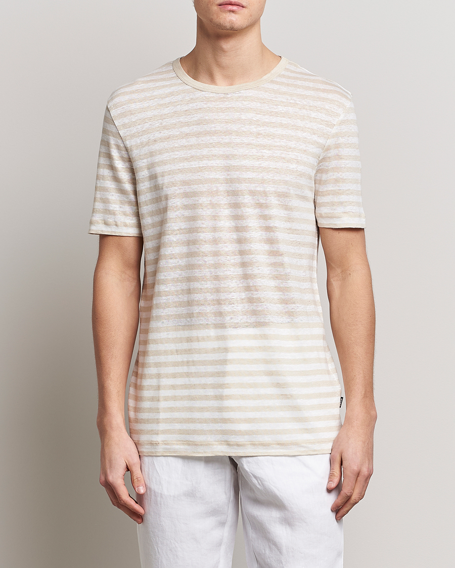 Men | T-Shirts | BOSS BLACK | Tiburt Striped Linen Crew Neck T-Shirt Open White