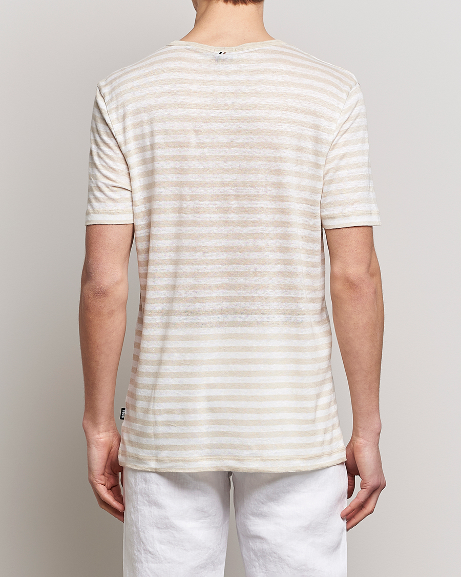 Men | T-Shirts | BOSS BLACK | Tiburt Striped Linen Crew Neck T-Shirt Open White