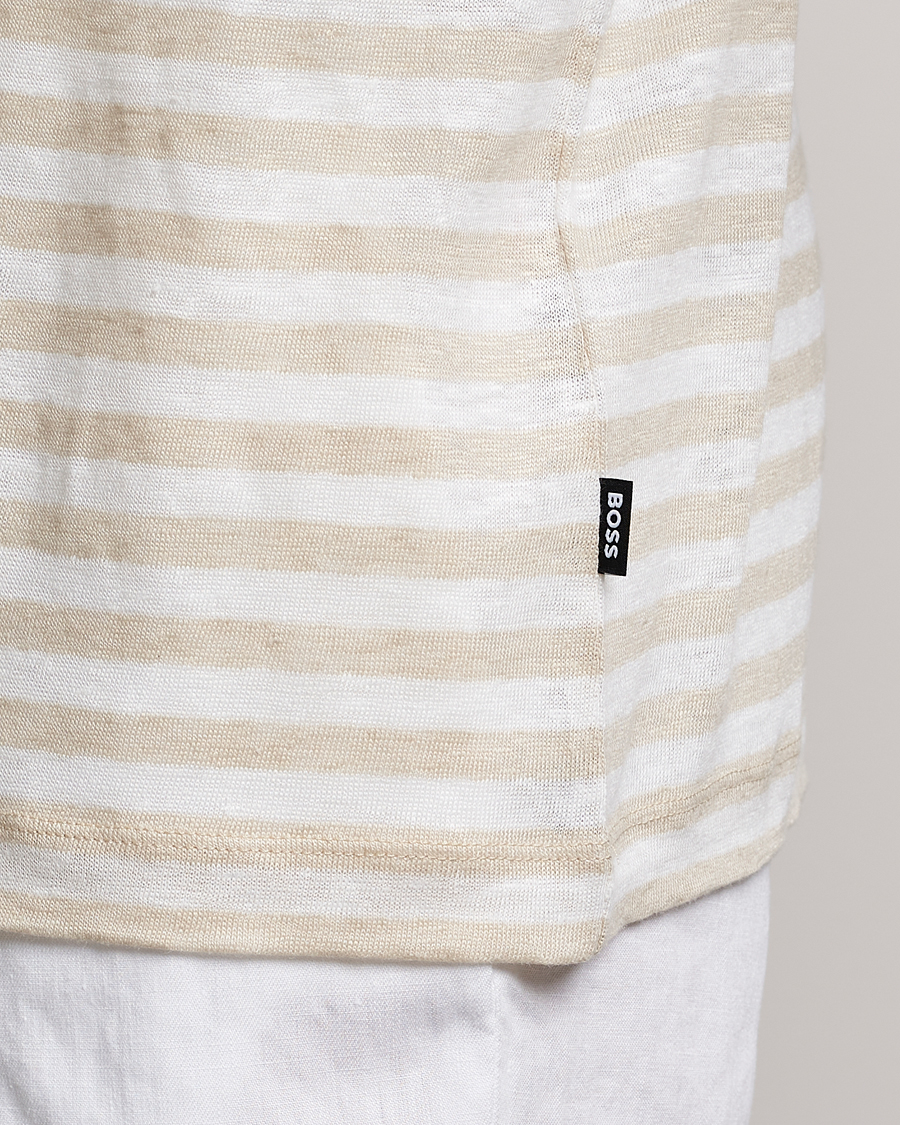 Men | T-Shirts | BOSS BLACK | Tiburt Striped Linen Crew Neck T-Shirt Open White