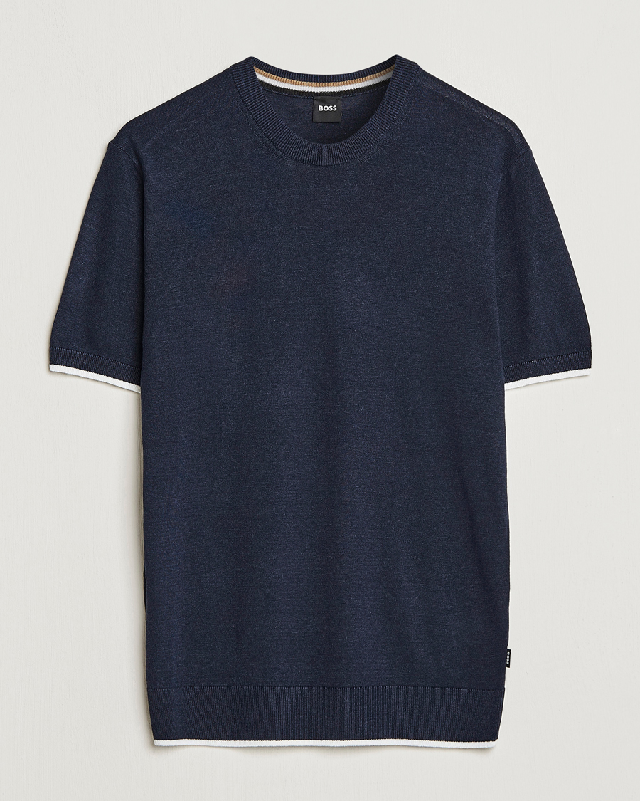 Men | T-Shirts | BOSS BLACK | Giacco Knitted Crew Neck T-Shirt Dark Blue