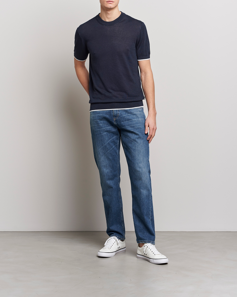 Men | T-Shirts | BOSS BLACK | Giacco Knitted Crew Neck T-Shirt Dark Blue