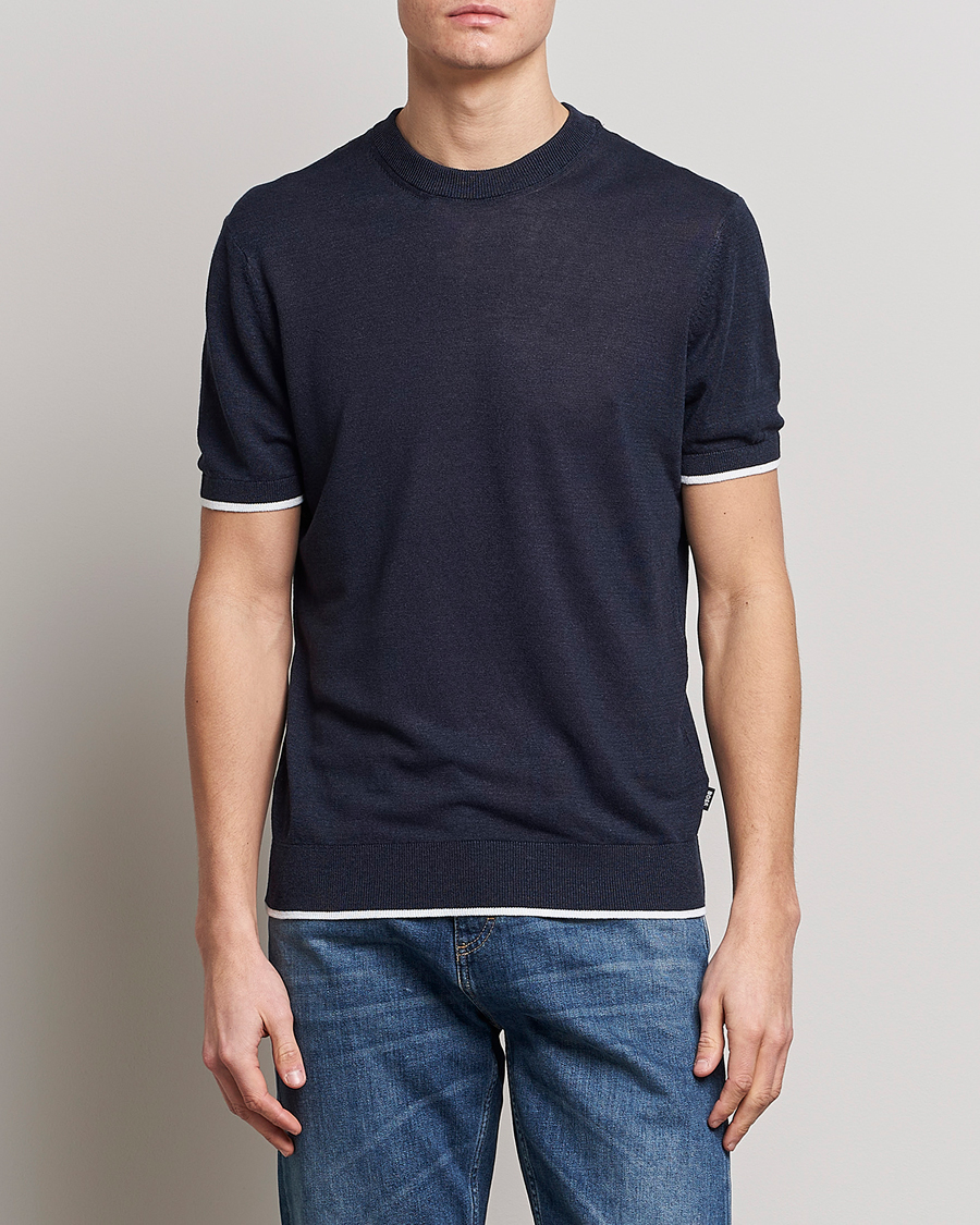 Men | T-Shirts | BOSS BLACK | Giacco Knitted Crew Neck T-Shirt Dark Blue