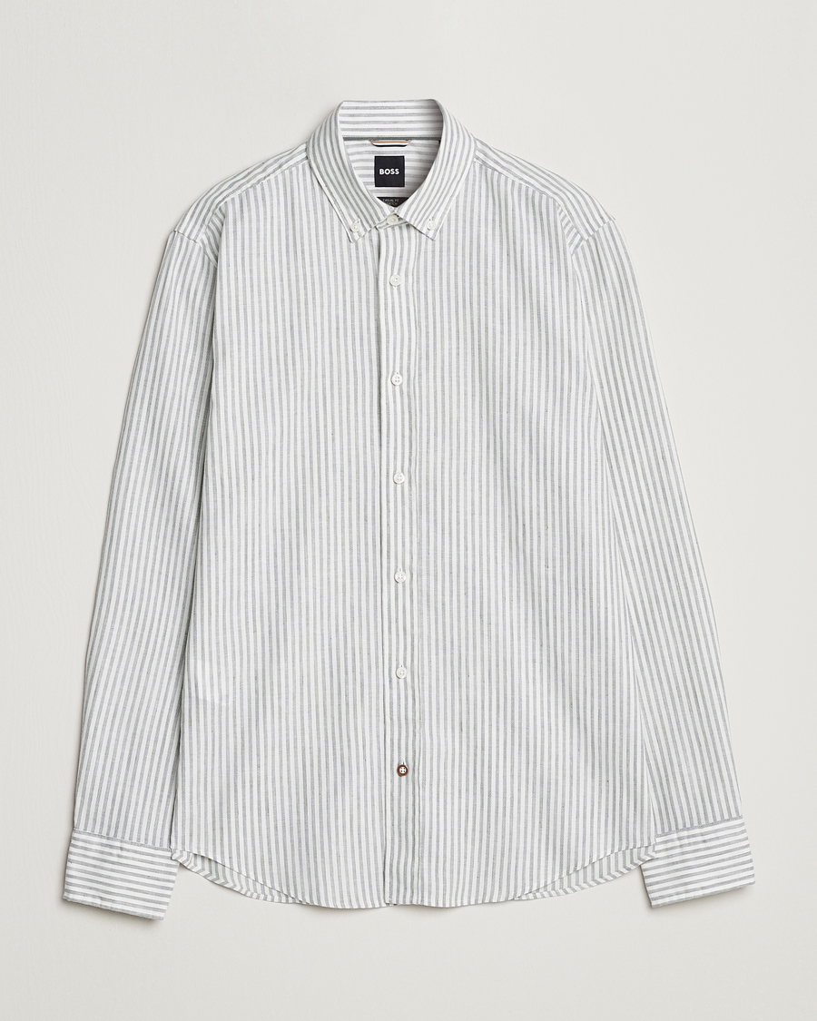Men | Shirts | BOSS BLACK | Hal Cotton/Linen Striped Shirt Open Green