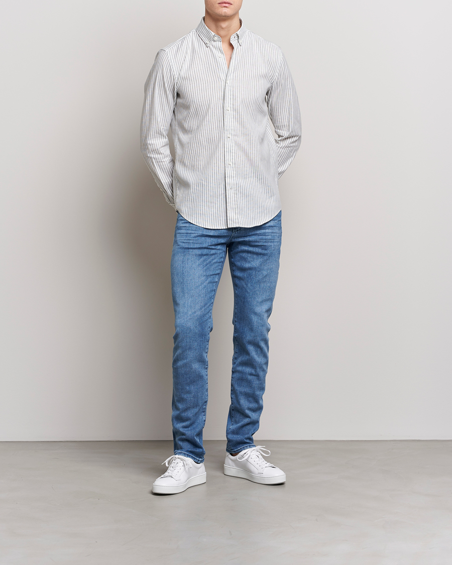 Men | Shirts | BOSS BLACK | Hal Cotton/Linen Striped Shirt Open Green