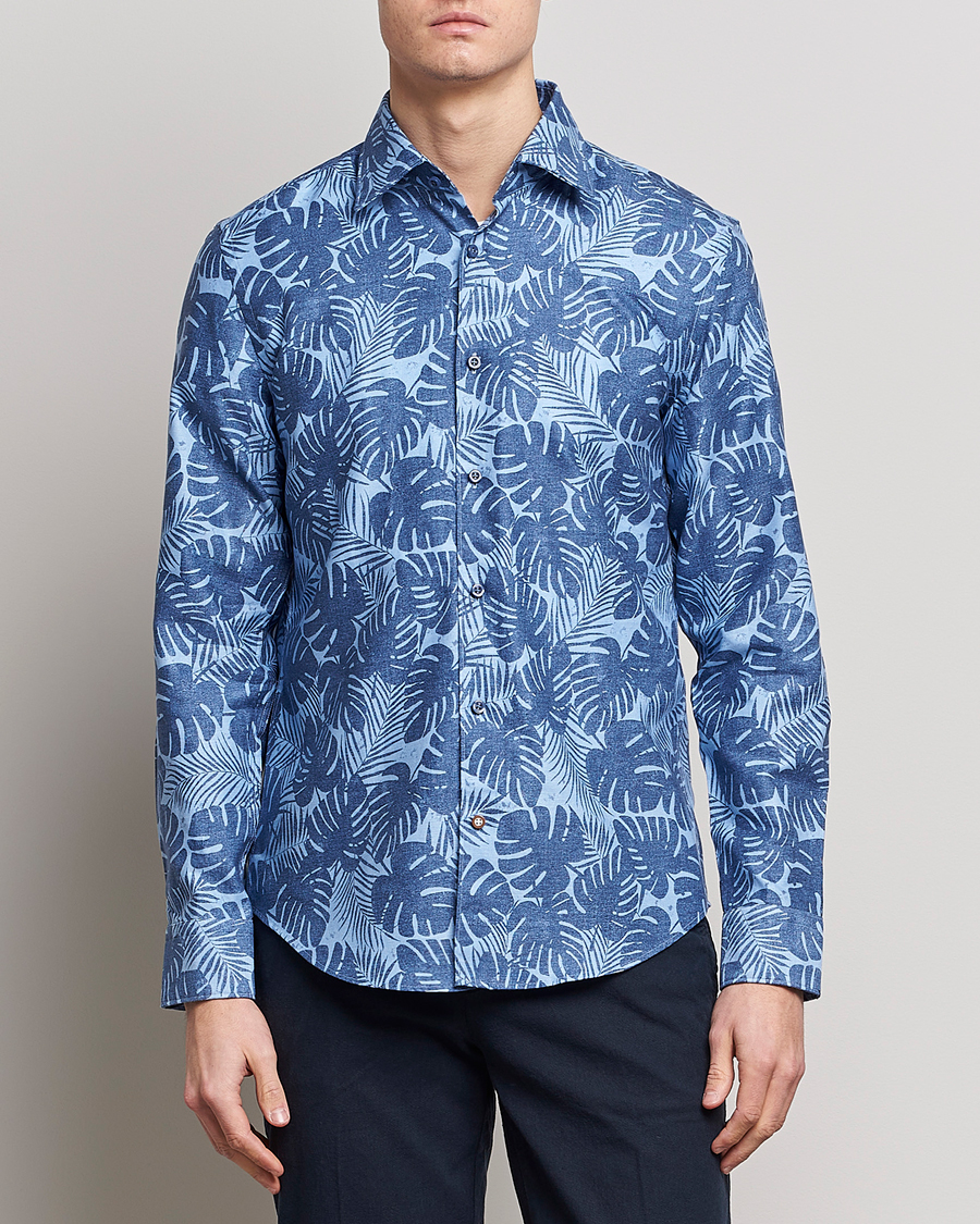 Men | Casual Shirts | BOSS BLACK | Hal Cotton/Linen Flower Shirt Open Blue