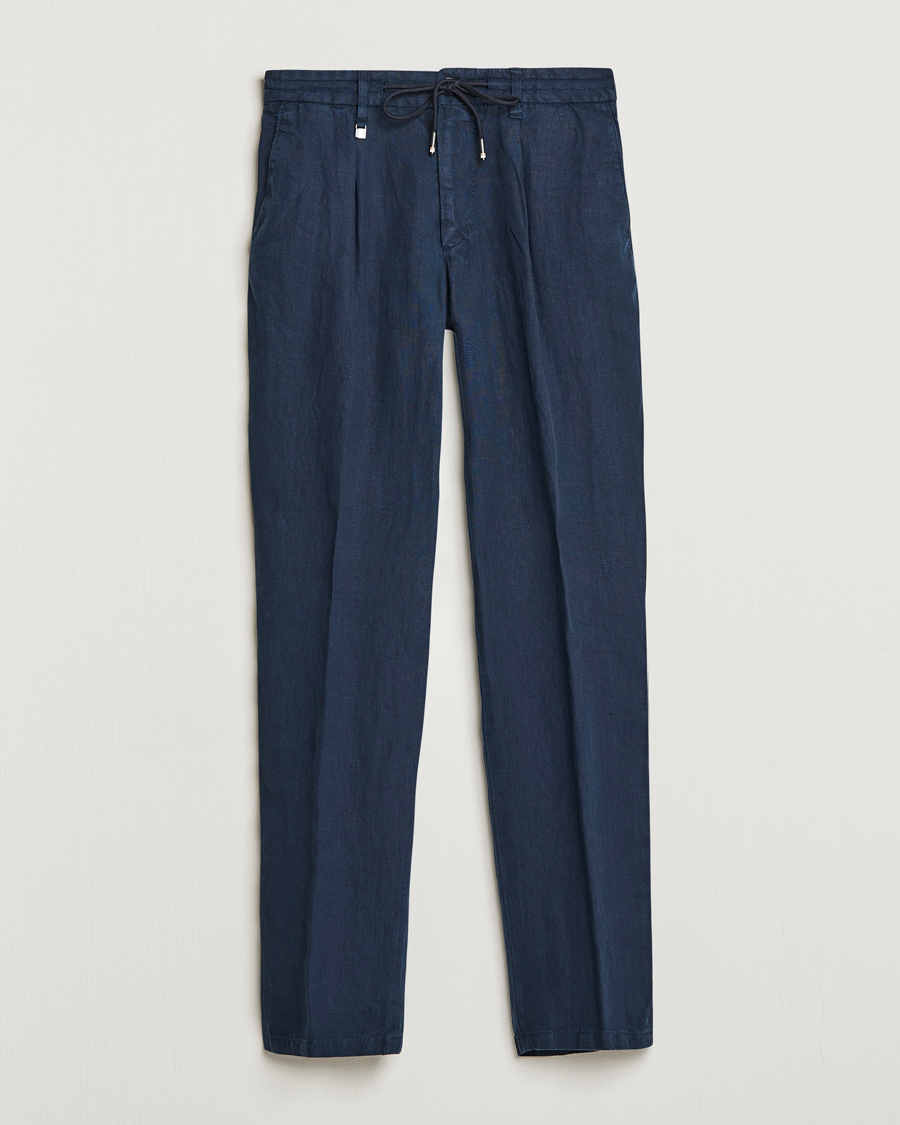 Men | Trousers | BOSS BLACK | Genius Pleated Linen Drawstring Trousers Dark Blue