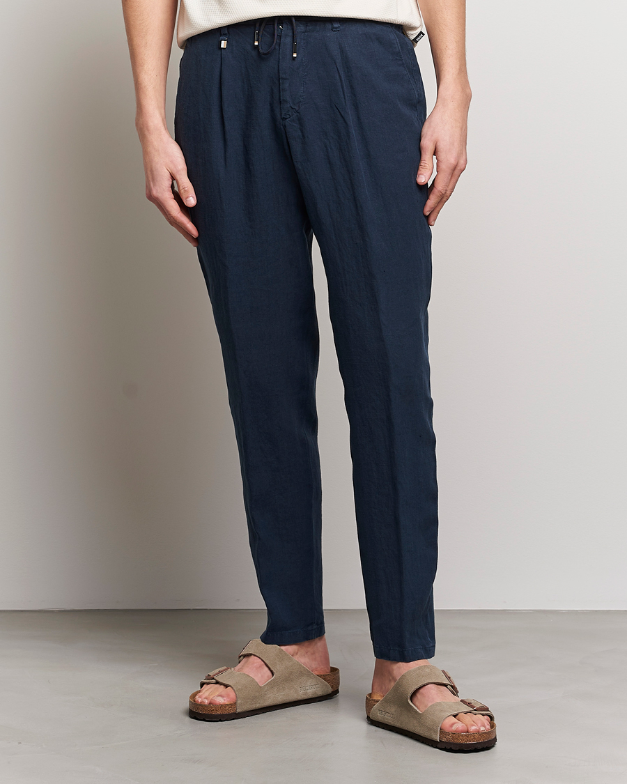Men | Trousers | BOSS BLACK | Genius Pleated Linen Drawstring Trousers Dark Blue