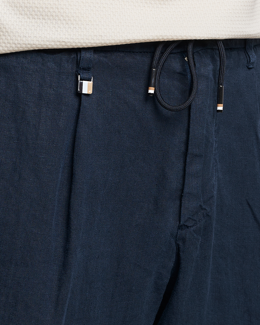 Men | Trousers | BOSS BLACK | Genius Pleated Linen Drawstring Trousers Dark Blue