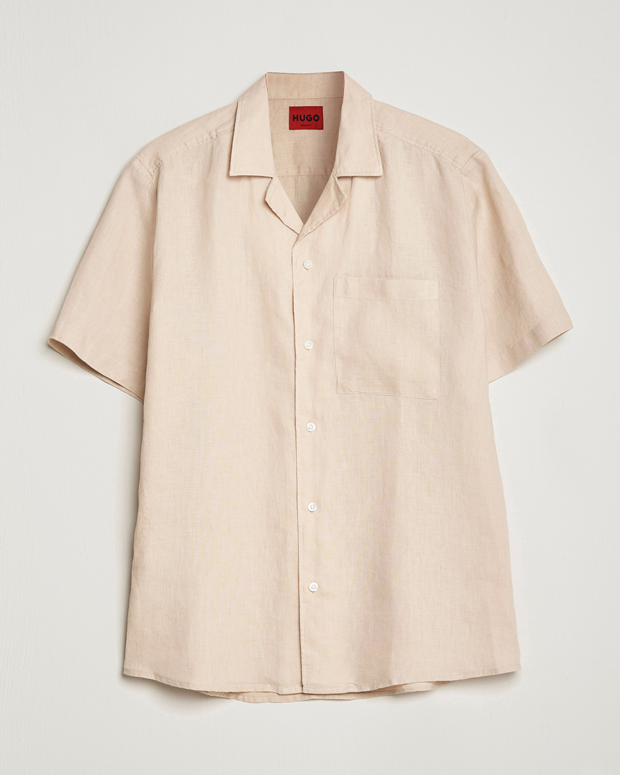 Men | Shirts | HUGO | Ellino Linen Resort Collar Short Sleeve Shirt Beige