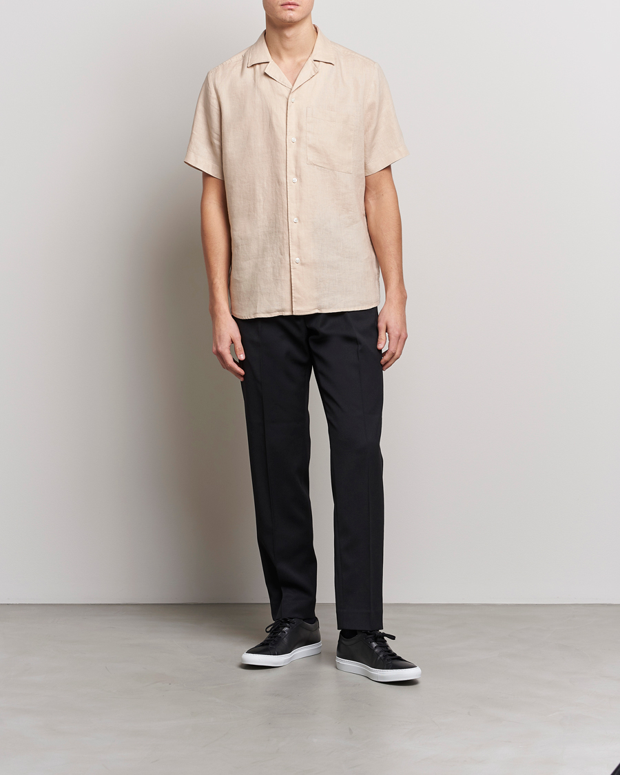 Men | Shirts | HUGO | Ellino Linen Resort Collar Short Sleeve Shirt Beige