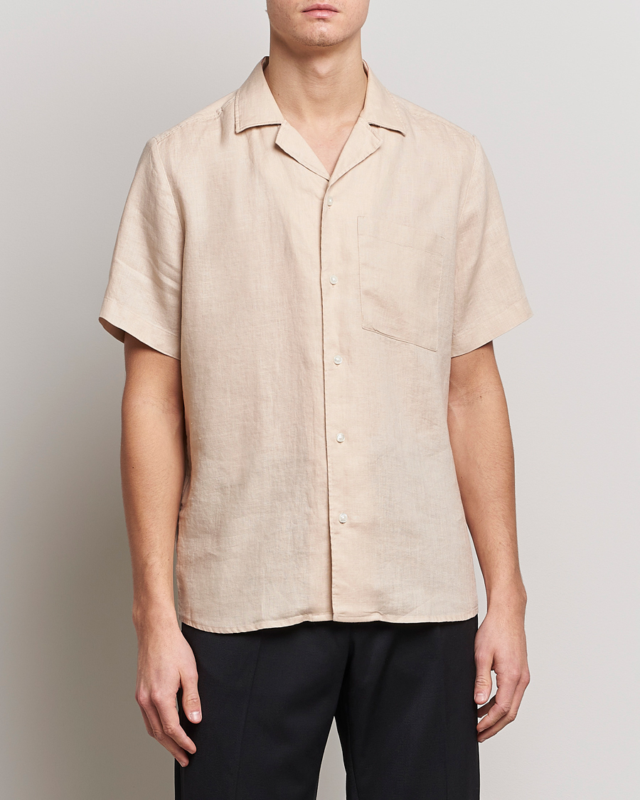 Men | HUGO | HUGO | Ellino Linen Resort Collar Short Sleeve Shirt Beige