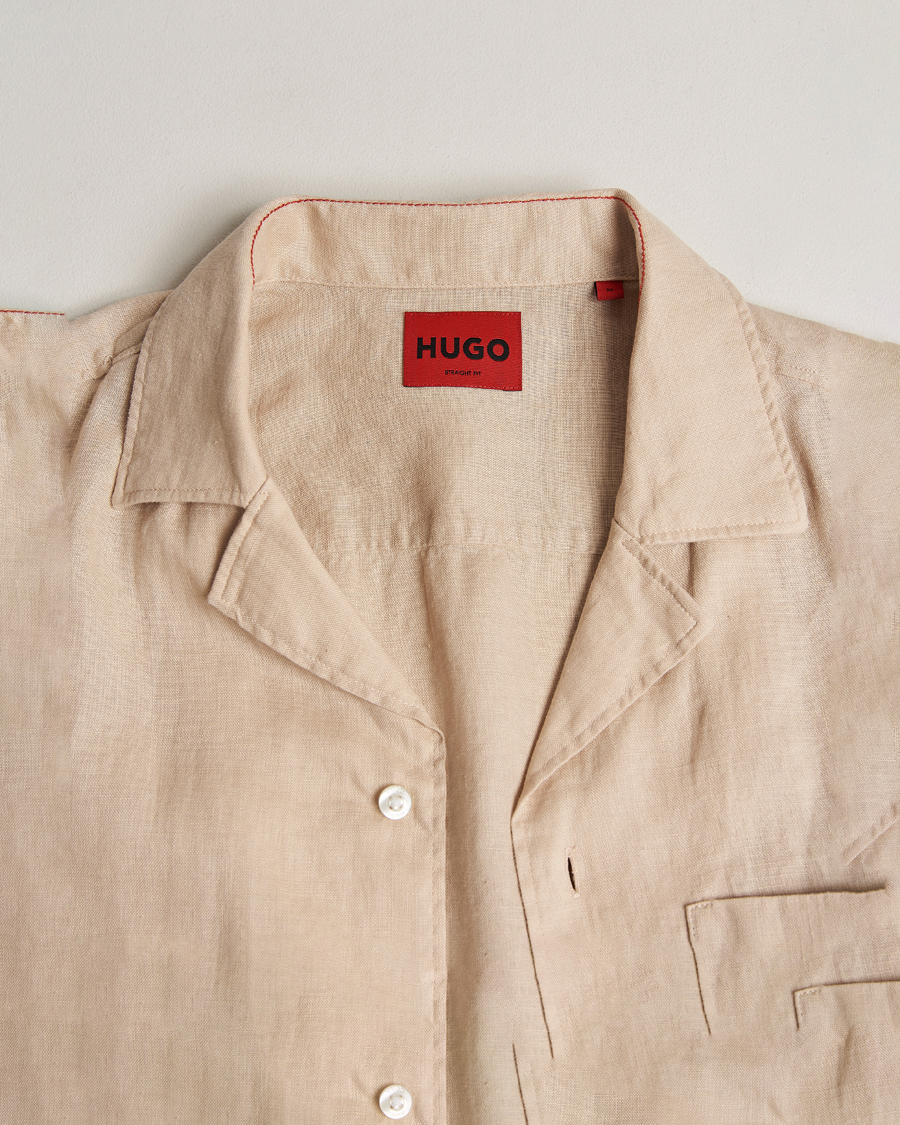 Men | Shirts | HUGO | Ellino Linen Resort Collar Short Sleeve Shirt Beige