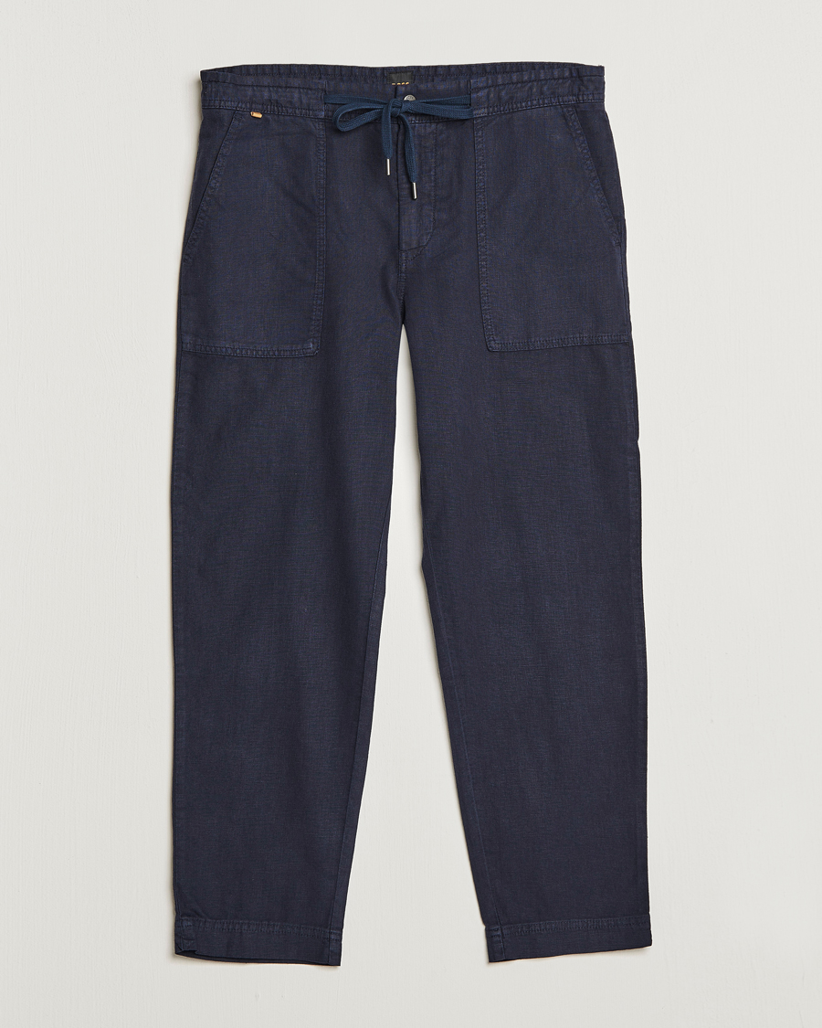 Men | Trousers | BOSS ORANGE | Sisla Cotton/Linen Drawstring Pants Dark Blue