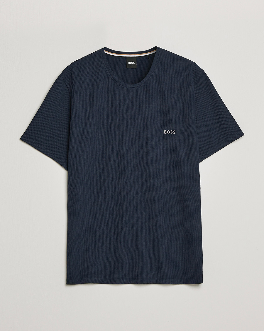 Men | T-Shirts | BOSS BLACK | Waffle Logo Crew Neck T-Shirt Dark Blue