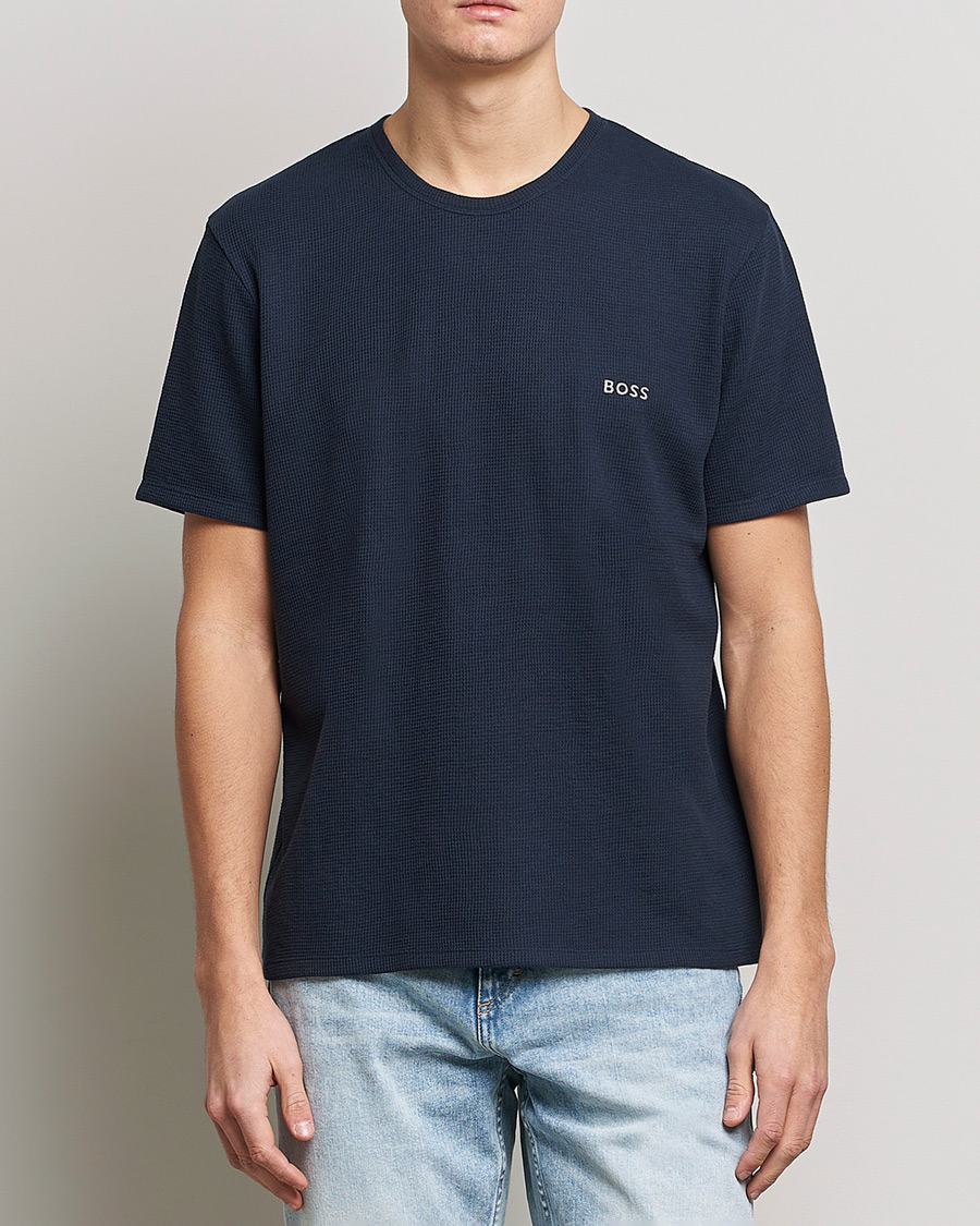 Men | T-Shirts | BOSS BLACK | Waffle Logo Crew Neck T-Shirt Dark Blue