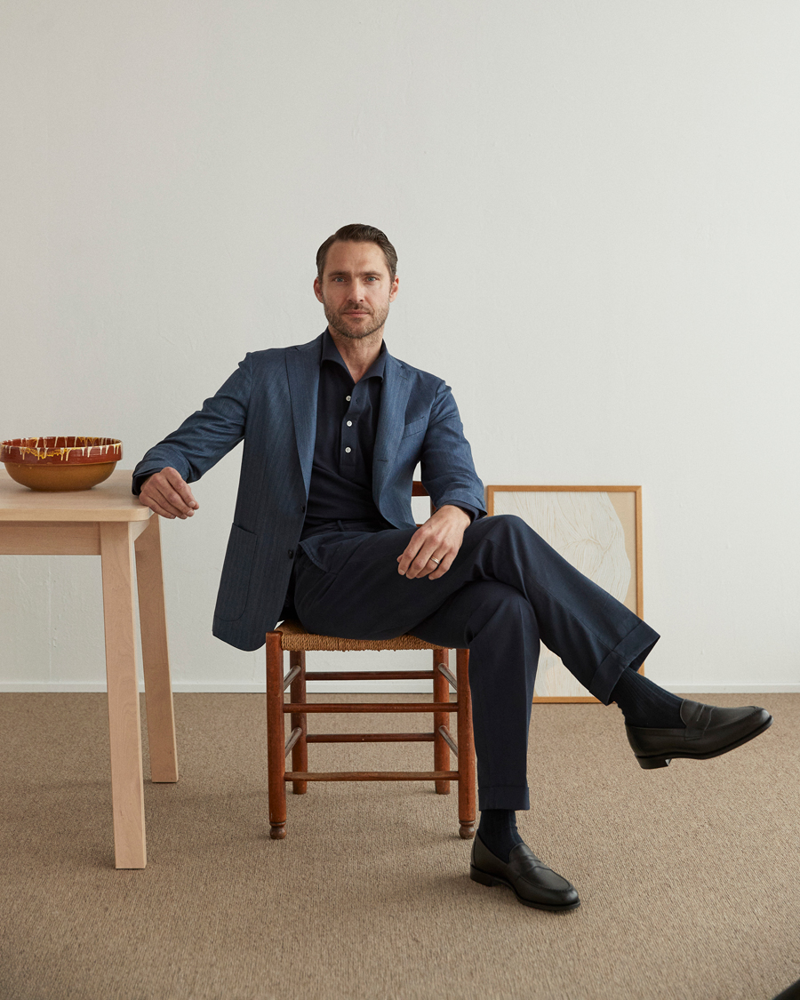 Men | Trousers | Incotex | Regular Fit Herringbone Chinos Navy