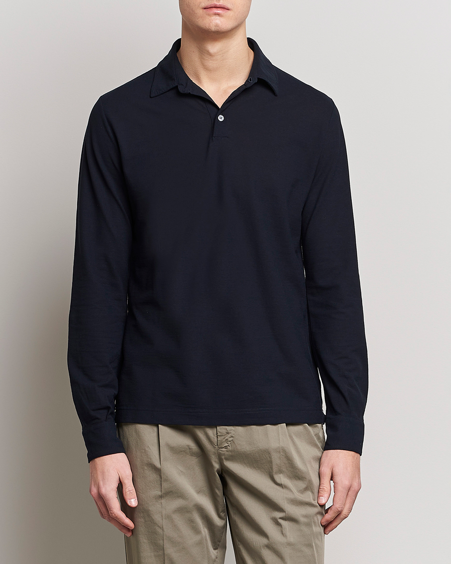 Men | Long Sleeve Polo Shirts | Zanone | Ice Cotton Long Sleeve Polo Navy