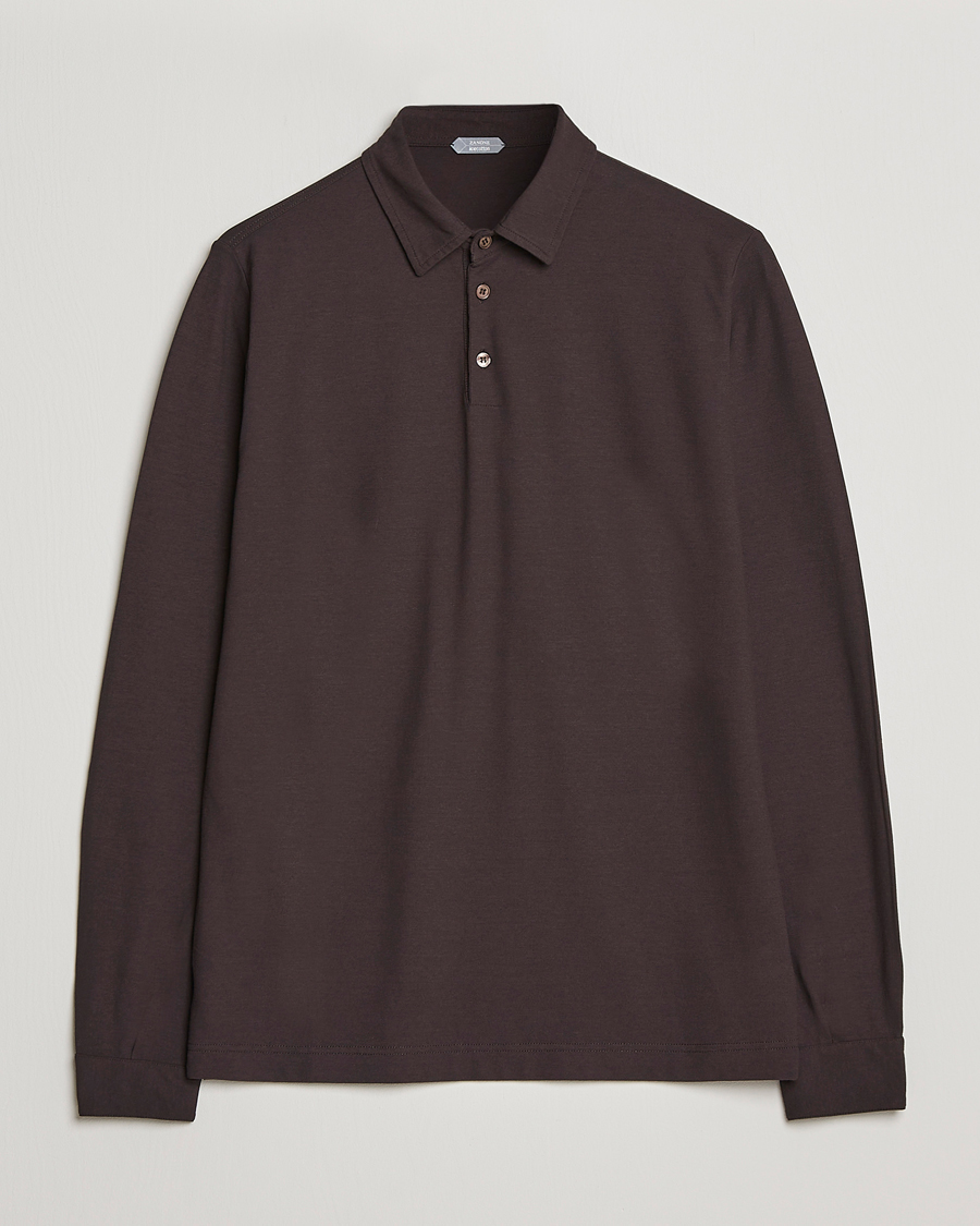 Men | Sweaters & Knitwear | Zanone | Ice Cotton Long Sleeve Polo Dark Brown