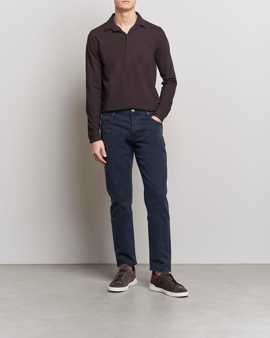 Men | Sweaters & Knitwear | Zanone | Ice Cotton Long Sleeve Polo Dark Brown