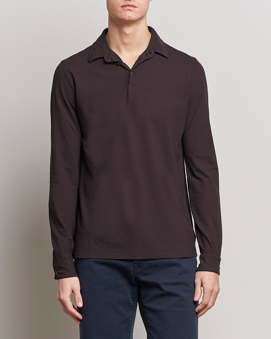 Men | Long Sleeve Polo Shirts | Zanone | Ice Cotton Long Sleeve Polo Dark Brown