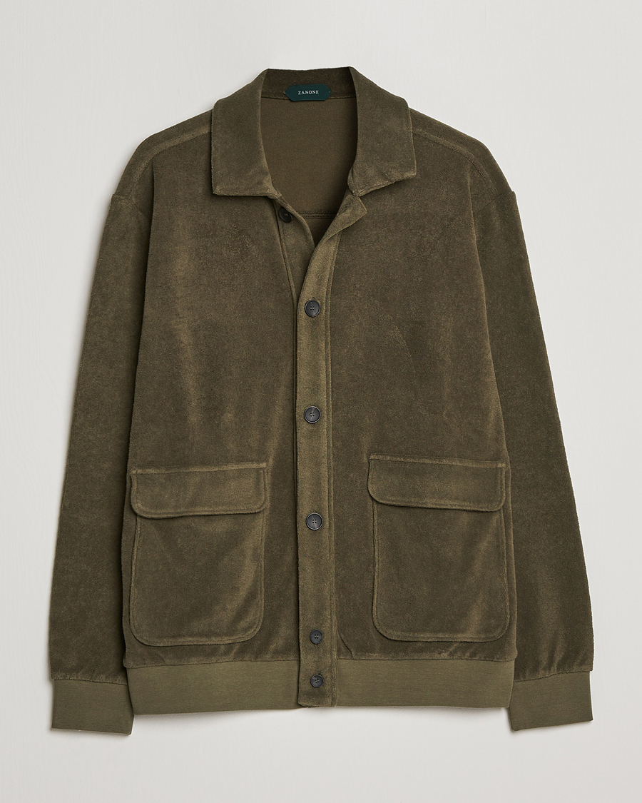Men | Sweaters & Knitwear | Zanone | Terry Cotton Jersey Jacket Dark Olive