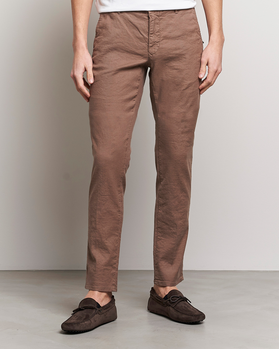 Men | Linen Trousers | Incotex | Slim Fit Cotton/Linen Slacks Brown
