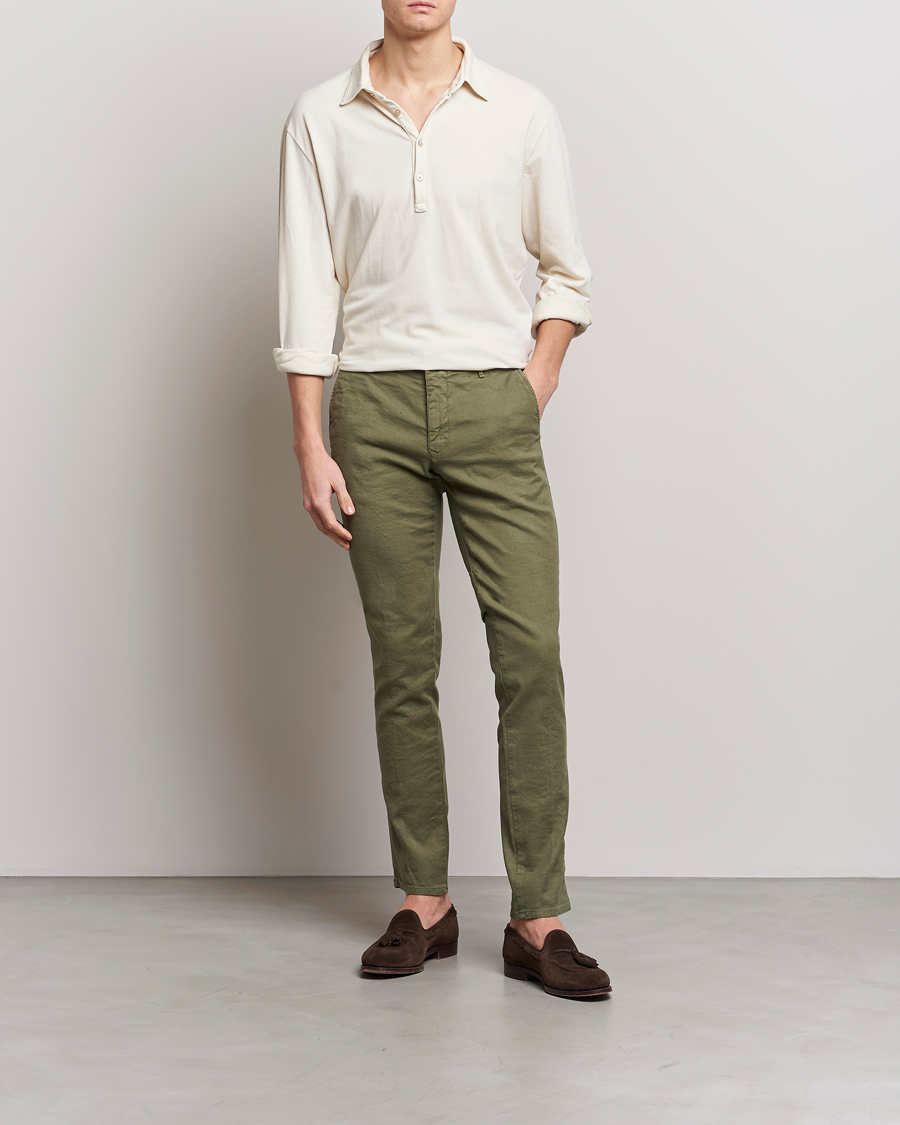 Men | Trousers | Incotex | Slim Fit Cotton/Linen Slacks Olive