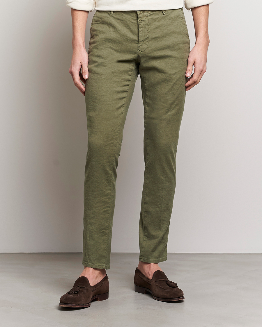 Men | Linen Trousers | Incotex | Slim Fit Cotton/Linen Slacks Olive