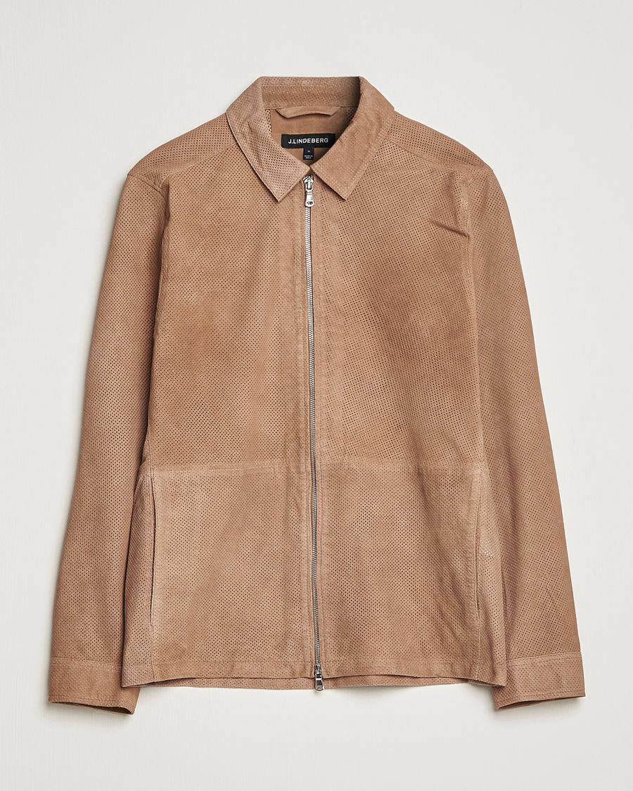 Men | Coats & Jackets | J.Lindeberg | Jonah Perforated Suede Overshirt Tiger Brown