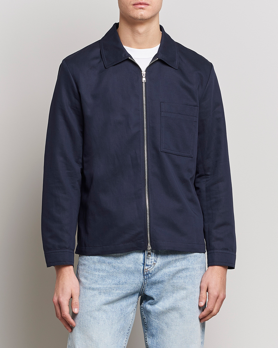 Men | Shirt Jackets | J.Lindeberg | Jason Cotton/Linen Stretch Zip Overshirt Navy