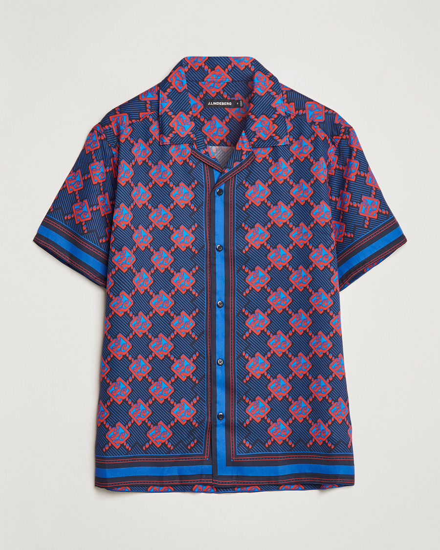 Men | Shirts | J.Lindeberg | Elio Diamond JL Print Short Sleev Lyocell Shirt Navy