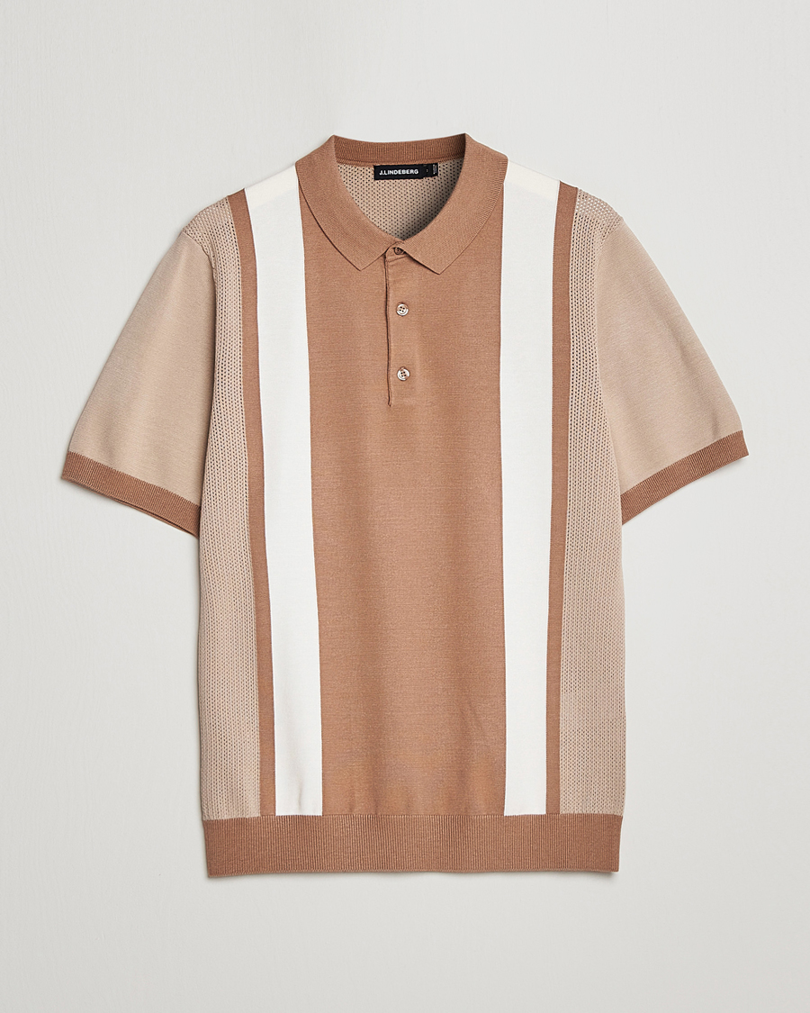 Men | Polo Shirts | J.Lindeberg | Rey Stripe Knitted Polo Tiger Brown