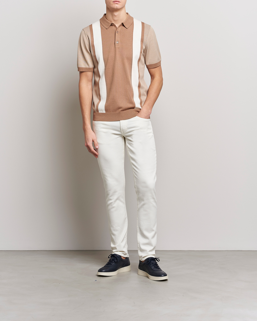 Men | Polo Shirts | J.Lindeberg | Rey Stripe Knitted Polo Tiger Brown